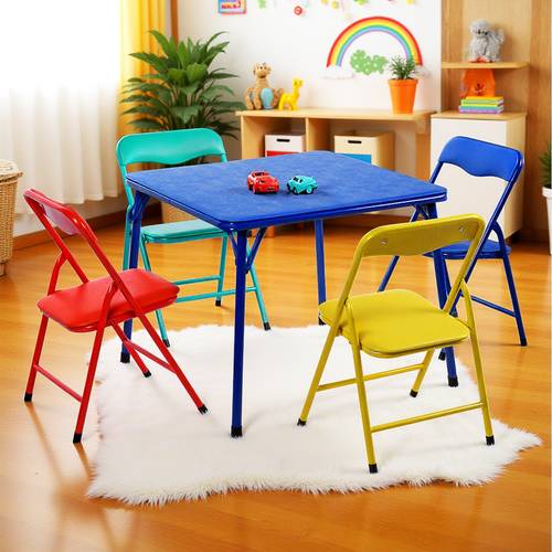 multicolor folding table with 4 small folding chairs fun and safe design metal construction portable for indoor and outdoor use stackable for space durable and comfortable playroom