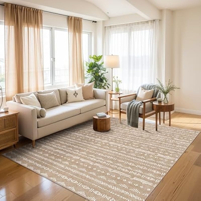 5x7 Beige Moroccan Boho Area Rug - Low Pile Washable & Non-Slip, For Living Room, Bedroom, Or Dining Room