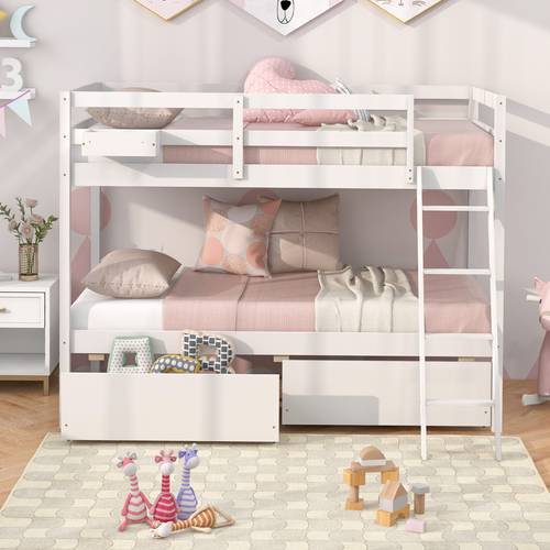 twin over twin bunk bed with 2 storage drawers solid wood bed frame with ladder high convertible storage cube space saving bunk bed spring needed white gray
