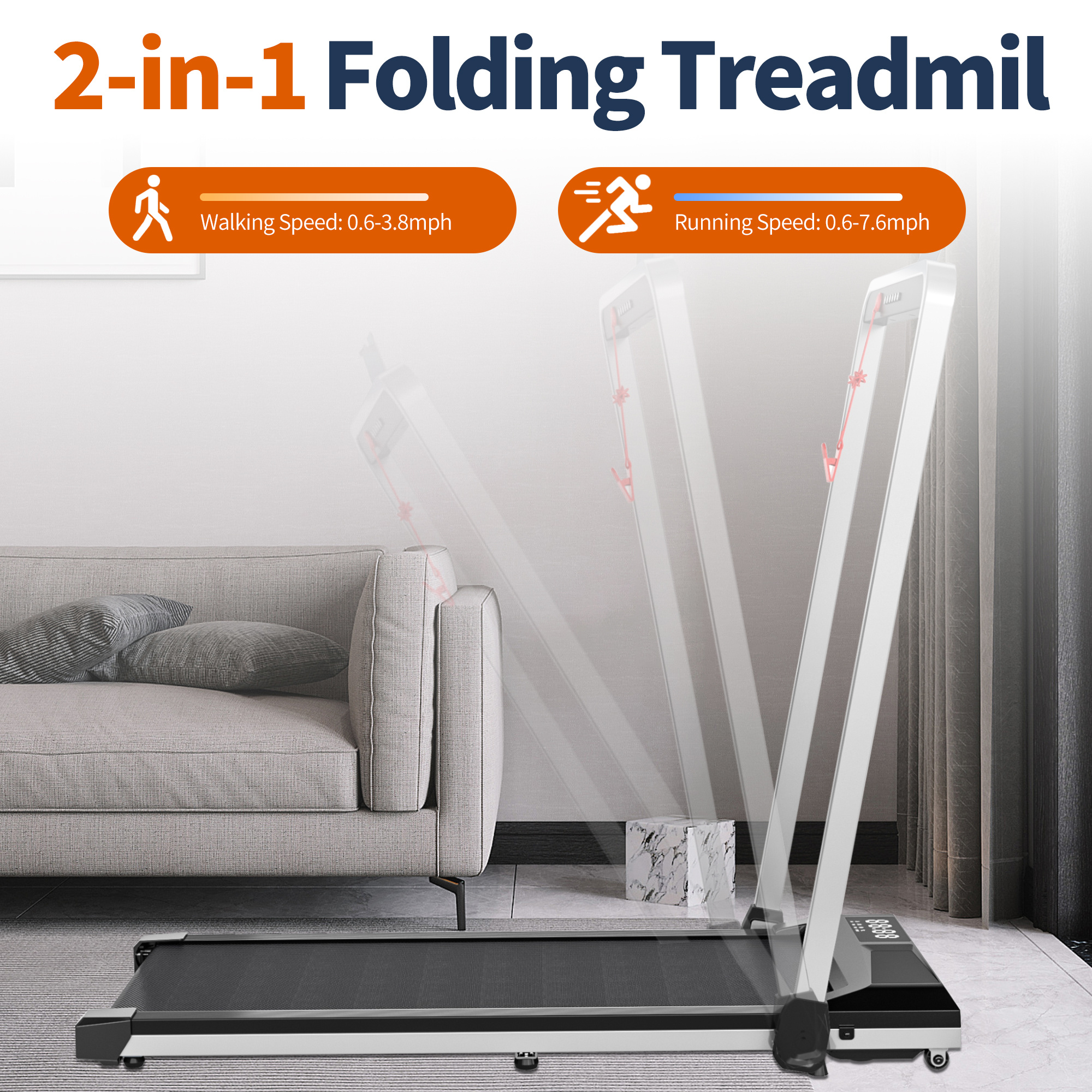 Treadmills, Treadmill Under Desk Walking Pad,2 in 1 Folding Treadmill for Home/Office with Remote Control and APP，Large Screen