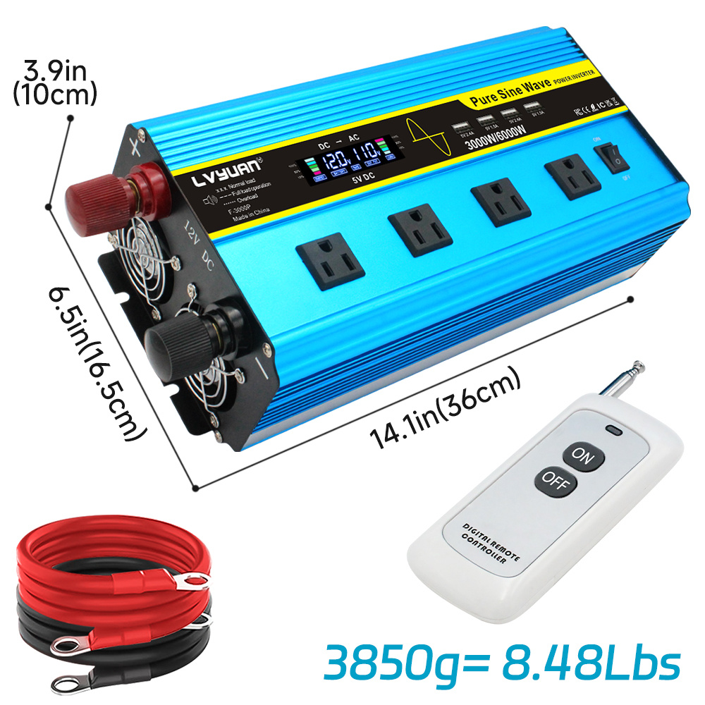 3000  sine wave inverter 6000w     12v to 110v ac with lcd display 4 ac outlets wireless remote control car power inverter for vehicles rv camping truck