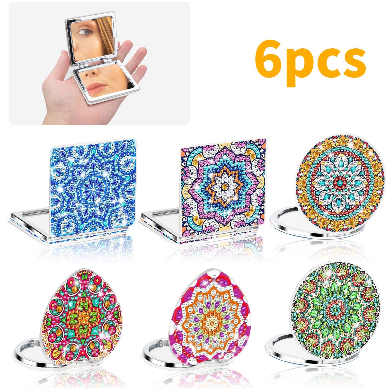 TEMU 6pcs Decorative Diamond Craft Mirror Set, Purse/travel Makeup Mirror With Flower Designs, Portable & Lightweight Diy Art With Magnifier, Sparkling Delicate Handmade Gift For Women
