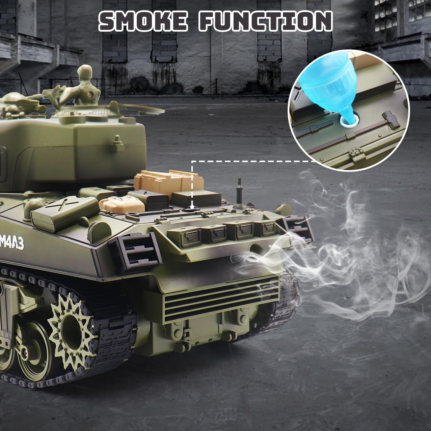 M4A3 Sherman US Army Tank, 1/18 RTR RC Armored Fighting Vehicle, Smoke Sound Light Recoil, 2.4Ghz Vibration Controller, Military Model Classic Panzer Display