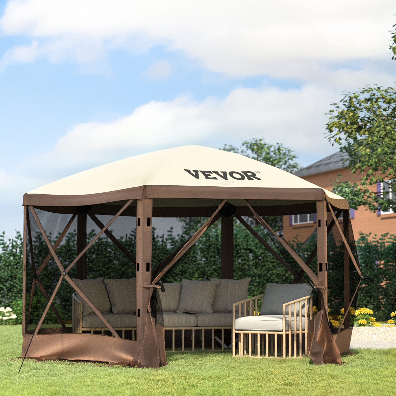 TEMU Vevor Camping Gazebo Screen Tent, 12*12ft, 6 Sided Pop-up Canopy Shelter Tent With Mesh Windows, Portable Carry Bag, Stakes, Large Shade Tents