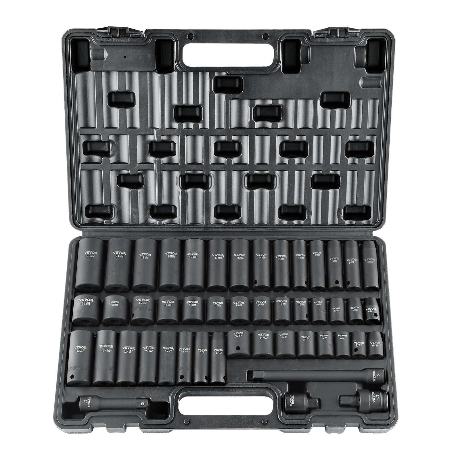 TEMU Vevor 3/8" Drive Impact Socket Set, 48 Piece Socket Set Sae （5/16" -3/4"） & Metric （8-22mm）6 Point Bar Universal Joint & Power Drill Adapter Includes Storage Case