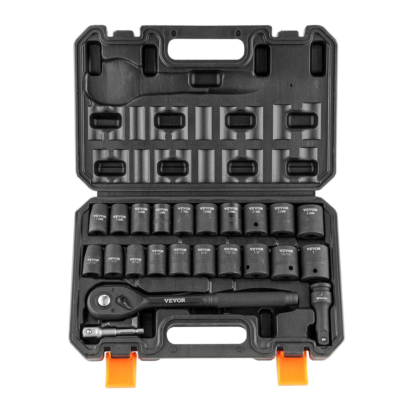 TEMU Vevor 1/2" Drive Impact Socket Set, 23 Piece Socket Set Sae （7/16" -1"）& Metric 6 Point Alloy Steel For Auto Repair With Ratchet Handle Rugged Construction Storage Case