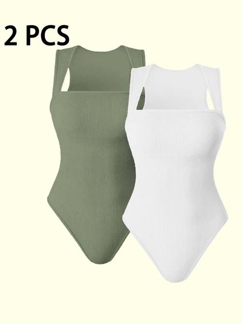 2pcs womens ribbed strap square neck sleeveless abdomen tank top bodysuit