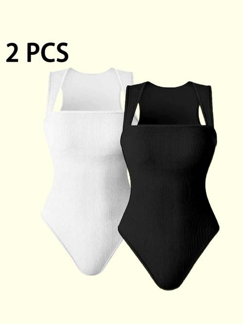 2pcs womens ribbed strap square neck sleeveless abdomen tank top bodysuit