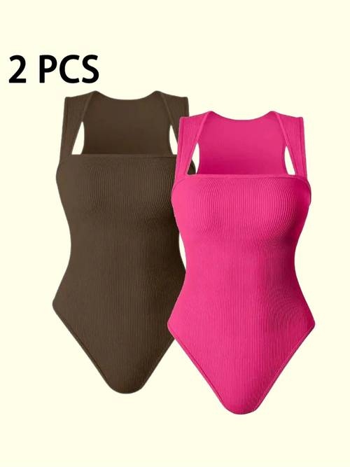 2pcs womens ribbed strap square neck sleeveless abdomen tank top bodysuit