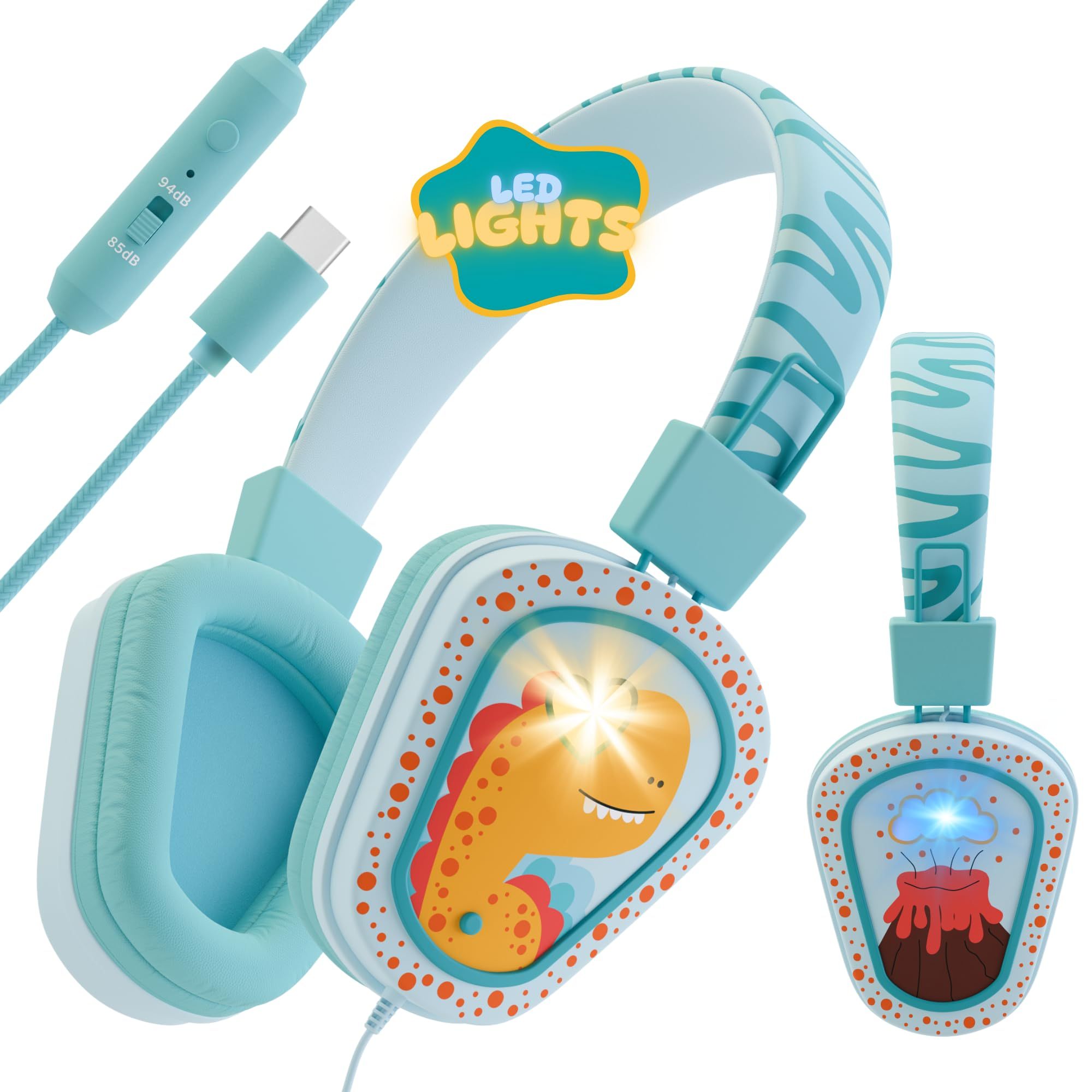 TEMU Kids Headphones Wired Led Lights With Microphone, Durable And Flexible, Volume 85/94db Dinosaur Headphones For Kids, School Or Travel. Usb C Wired