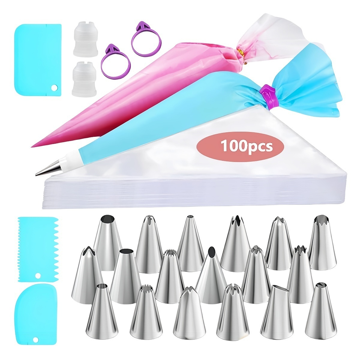 TEMU Piping Bags And Tips Set, 100pcs 12 Inch Disposable Pastry Bags, 18 Tips, 3 Scrapers, 2 Couplers And 2 Icing Bag Ties, Baking Tools Sets