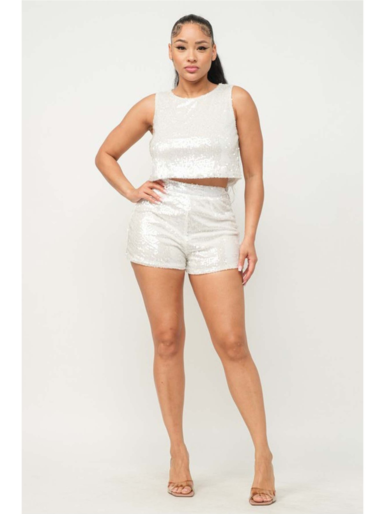 Shorts White Glitter Two Piece Set Women's Sequin Sleeveless Crop