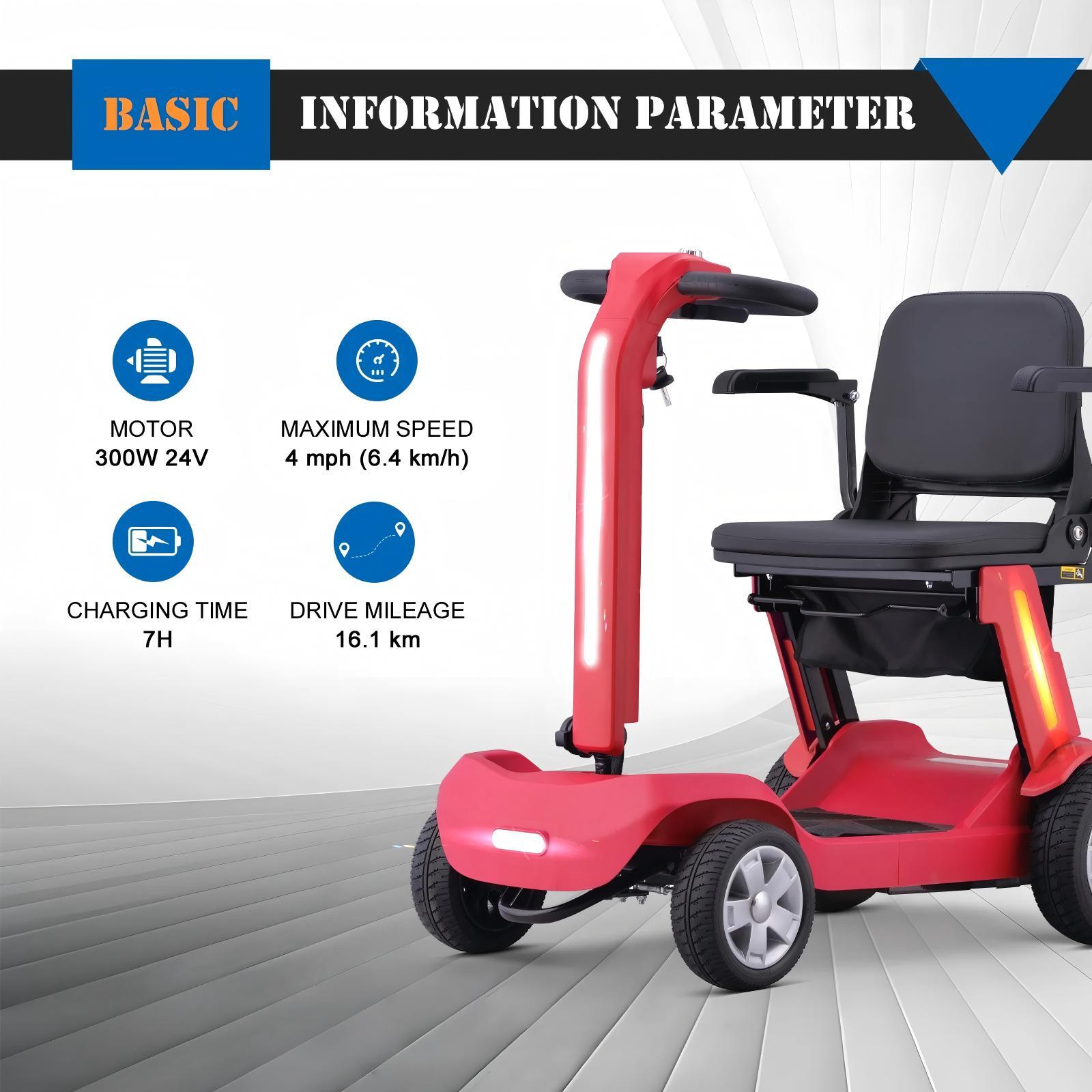 Foldable Mobility Scooter for Adults & Senior, 4 Wheels Powered Device for Travel, Lightweight and Portable, with LED Strip Light, Storage Bag, Charger Included, No Assemble Required