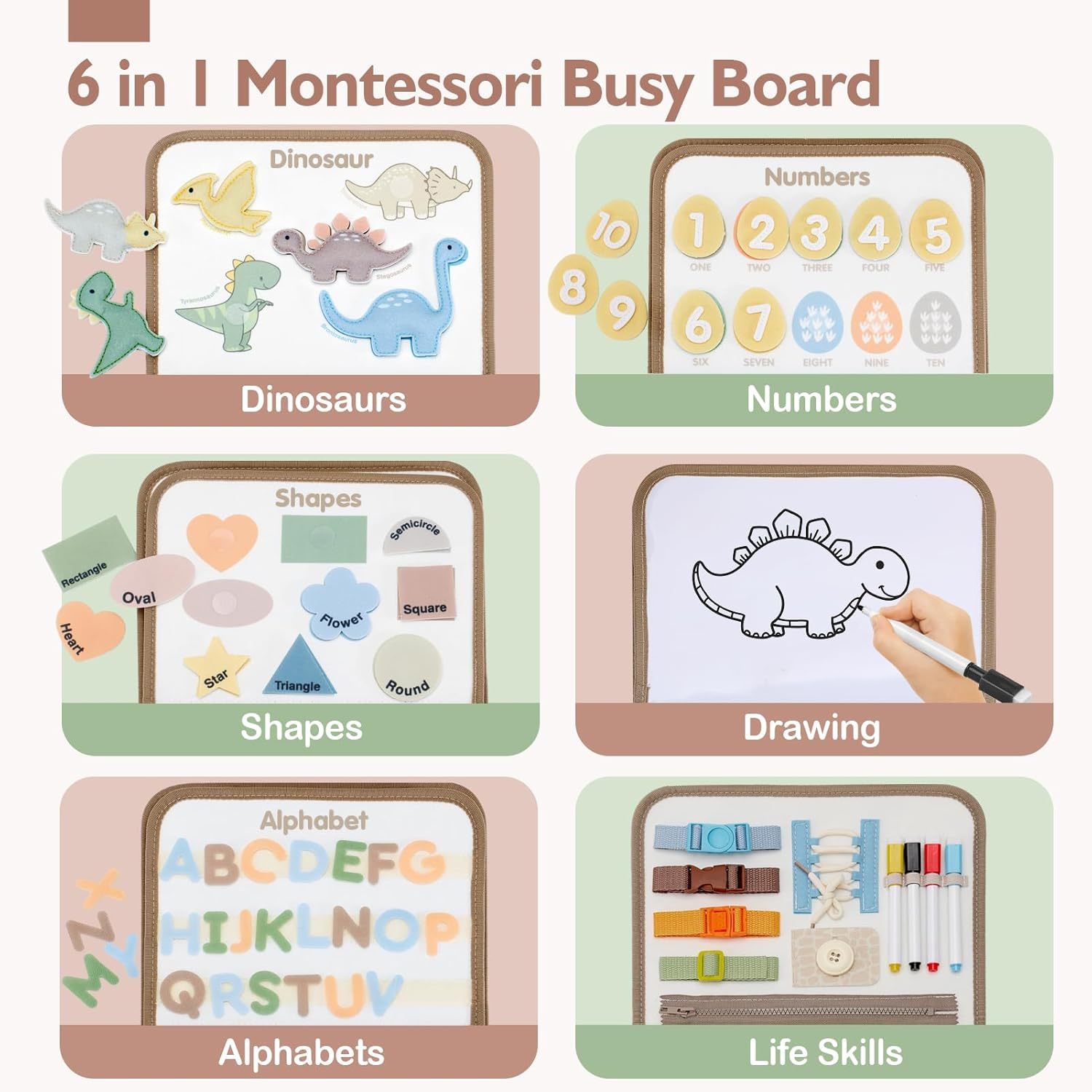 Toddler Busy Board Montessori Toys for 1-4 Year Old Boys & Girls Birthday Gifts, Educational Sensory Toys for Age 1-4, Travel Toys for Toddlers Dinosaur, Alphabet, Number, Shape, Drawing, Life Skills