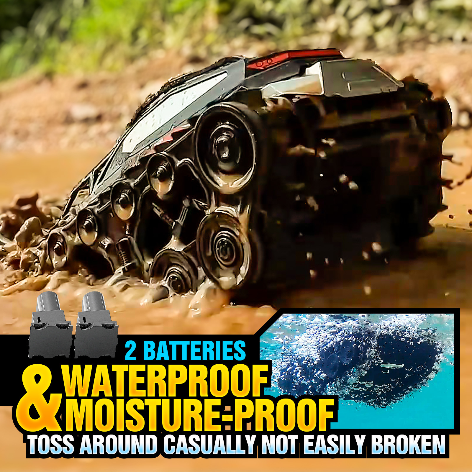 Two Batteries, Amphibious Remote-controlled Tank with Water Proof Design, High Horsepower Off-road Vehicle, Children's Boy Toy, RC High Horsepower Drift Climbing Car, Gift for kids