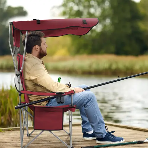 oversized camping chair with sun canopy heavy duty folding outdoor chair with armrests cup holders and carry bag portable lounge chair for camping beach fishing picnics and sports events