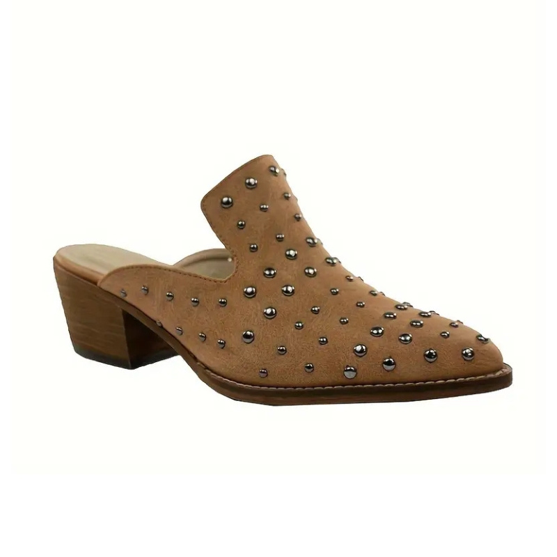 Studded Mule Sandals, Pointy Closed Toe Slip On Chunky Heels, Versatile  Backless Sandals Dressy Footwear