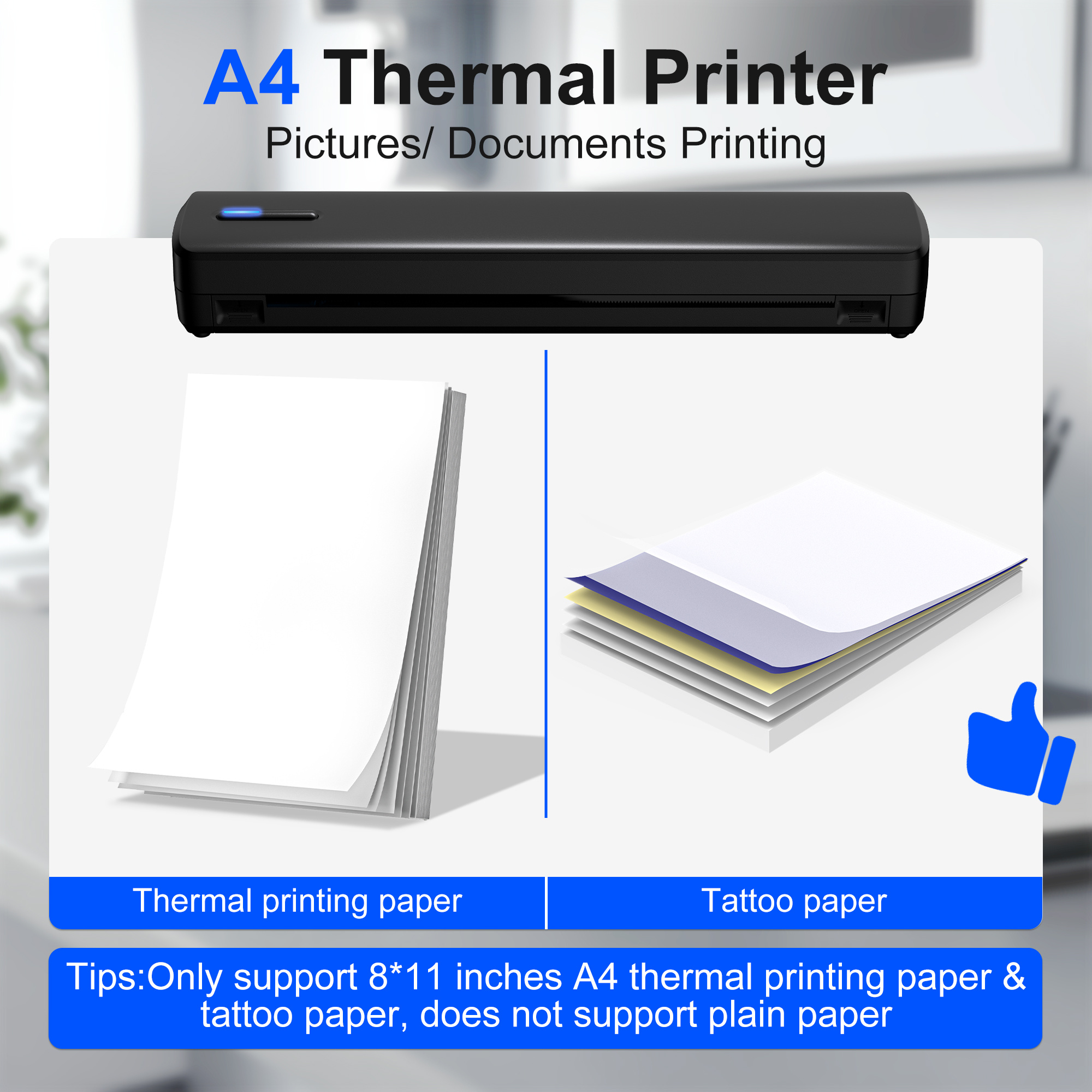 Portable Printer Wireless For Travel, Thermal Printer Inkless, Small Compact Printer Support Folding Paper/rolling/tattoo paper, Work With Laptop Phone And Pad