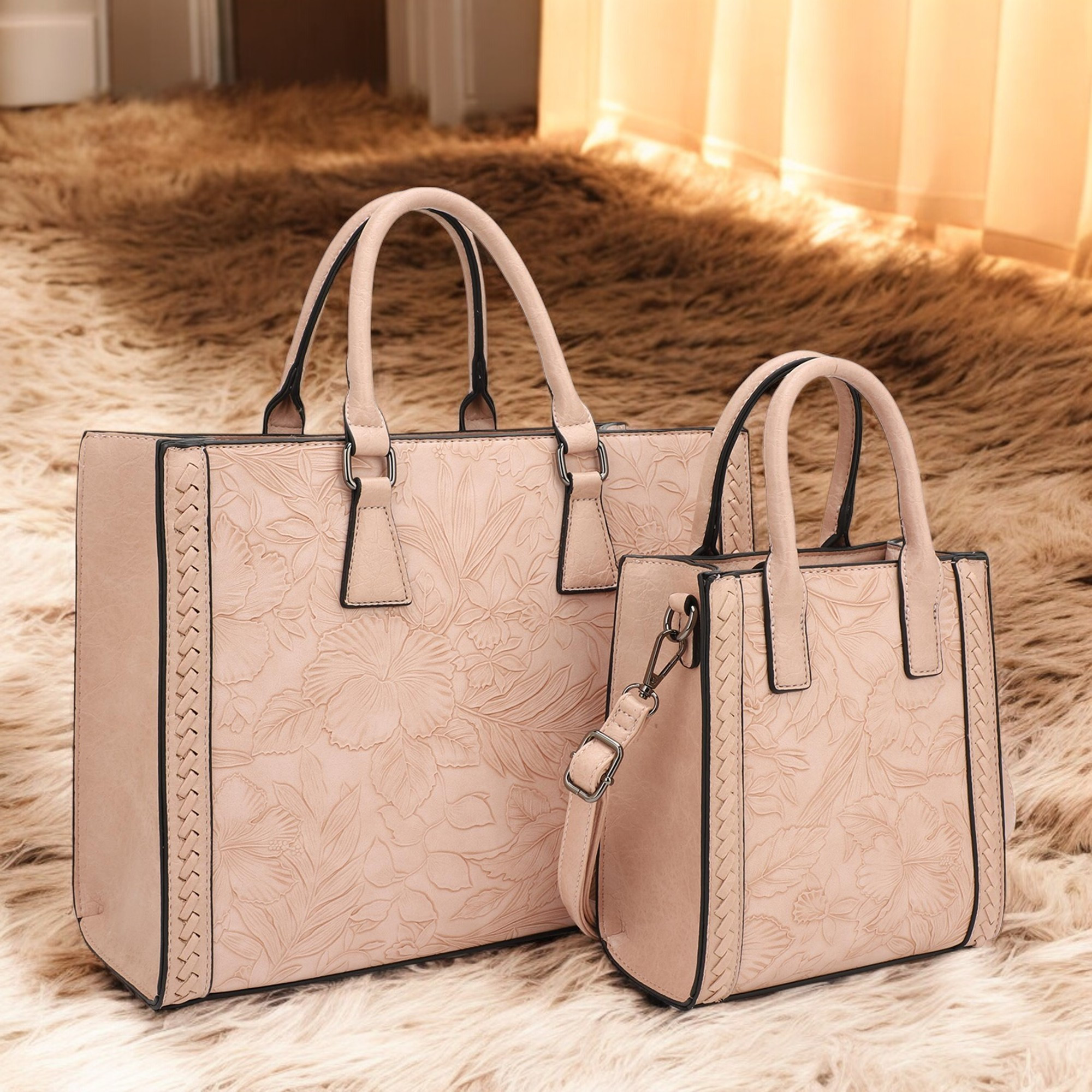 Bagparty 2 Piece Vegan Leather Tote Bag Set - Hibiscus Flower