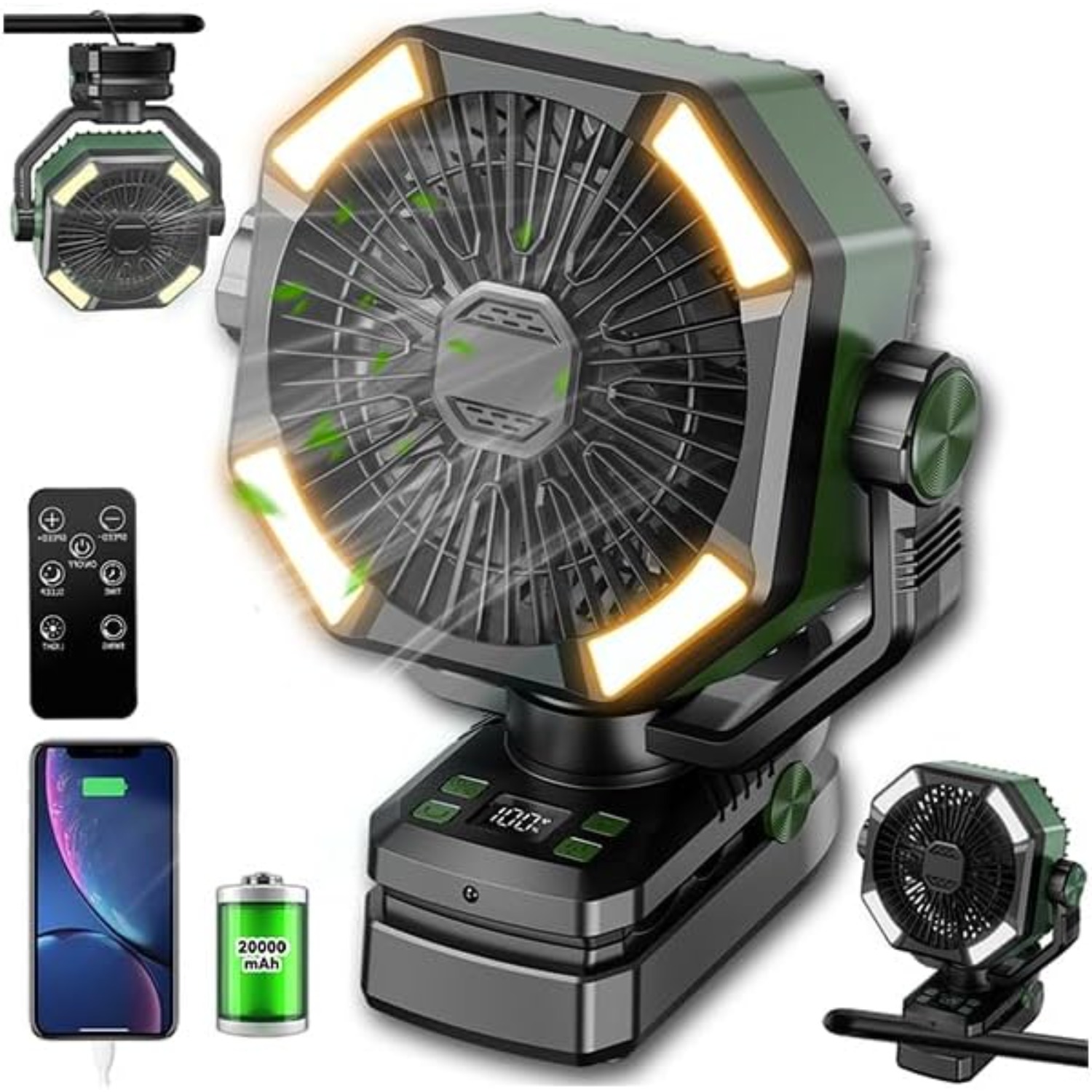 TEMU Portable Rechargeable Clip-on Fan For Camping, 20000mah Battery Powered Active Fan With Led Light And Tent Hook, Cordless Platform Fan With Remote Control