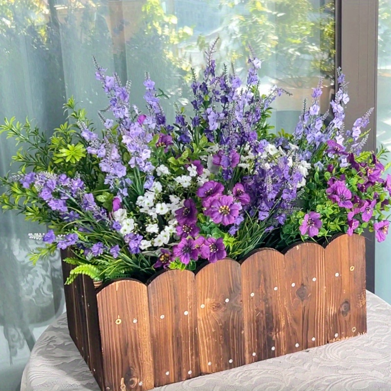 31 elegant lavender and mixed floral outdoor bouquets uv resistant non fading greenery for gardens   window boxes and farmhouse decorations   and pink flower arrangements in a rustic wooden box display garden decorations