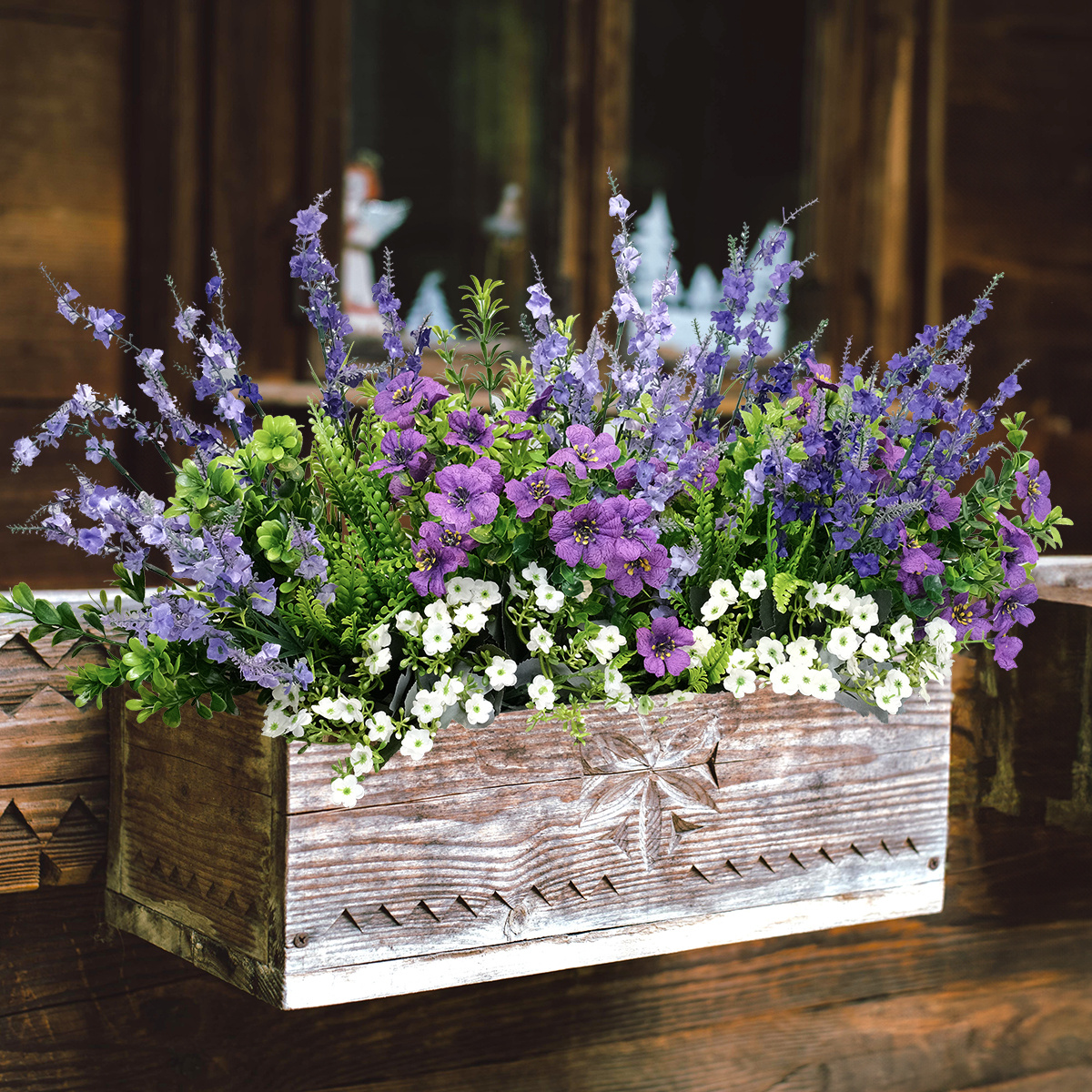 31 elegant lavender and mixed floral outdoor bouquets uv resistant non fading greenery for gardens   window boxes and farmhouse decorations   and pink flower arrangements in a rustic wooden box display garden decorations