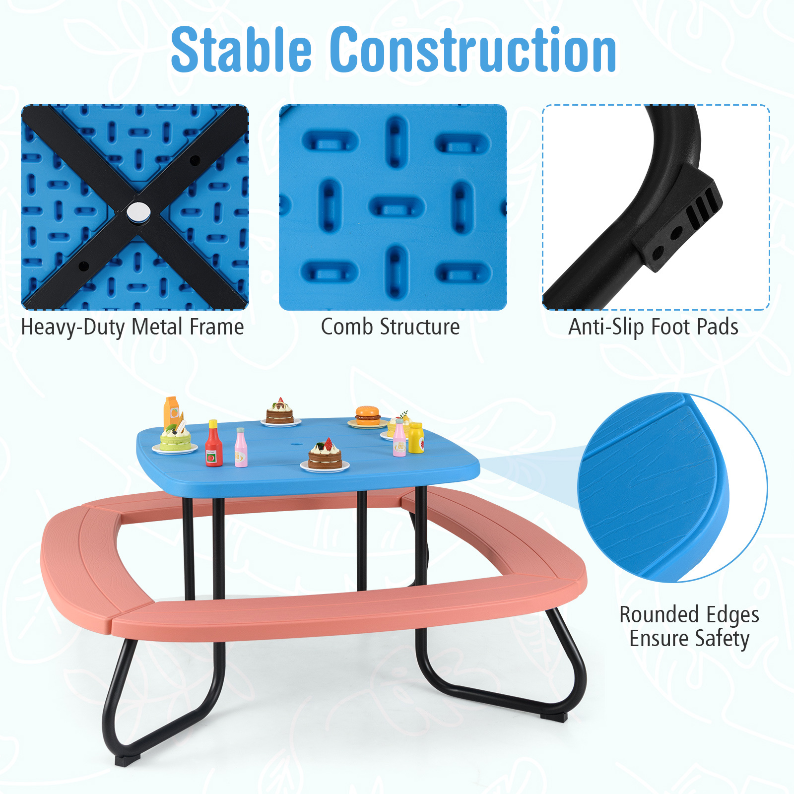 COSTWAY Kids Picnic Table, Toddler Outdoor Activity Table with Adjustable & Collapsible Umbrella, 4 Built-in Benches for up to 8 Children, HDPE Picnic Table Set with Sturdy Metal Frame for Ages 3+ Years Old