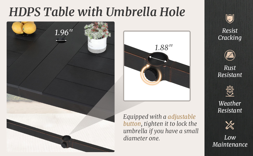 1pc Patio Dining Table, Patio Furniture HDPS All-Weather Material Outdoor Dining Coffee Table with Umbrella Hole