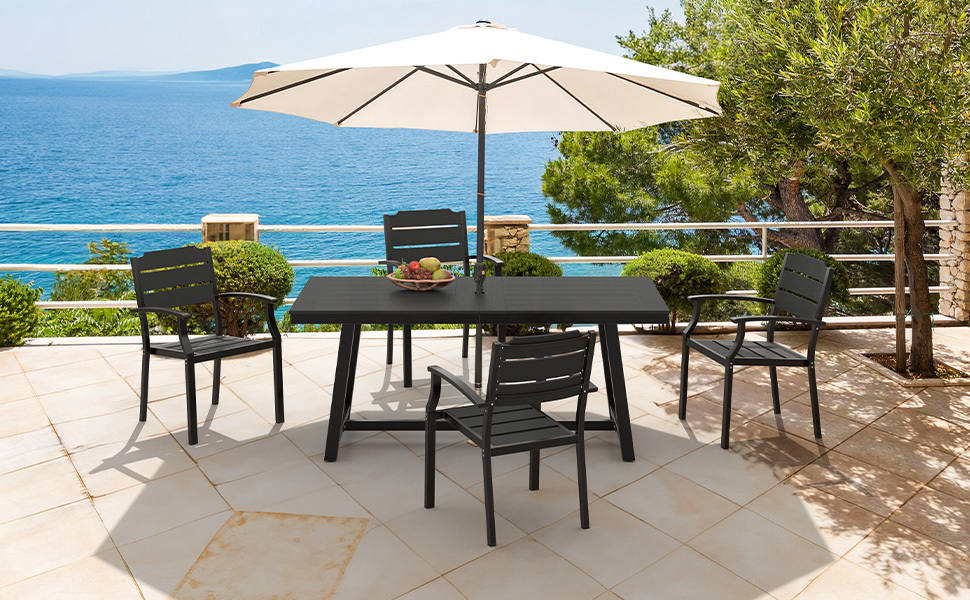 1pc Patio Dining Table, Patio Furniture HDPS All-Weather Material Outdoor Dining Coffee Table with Umbrella Hole