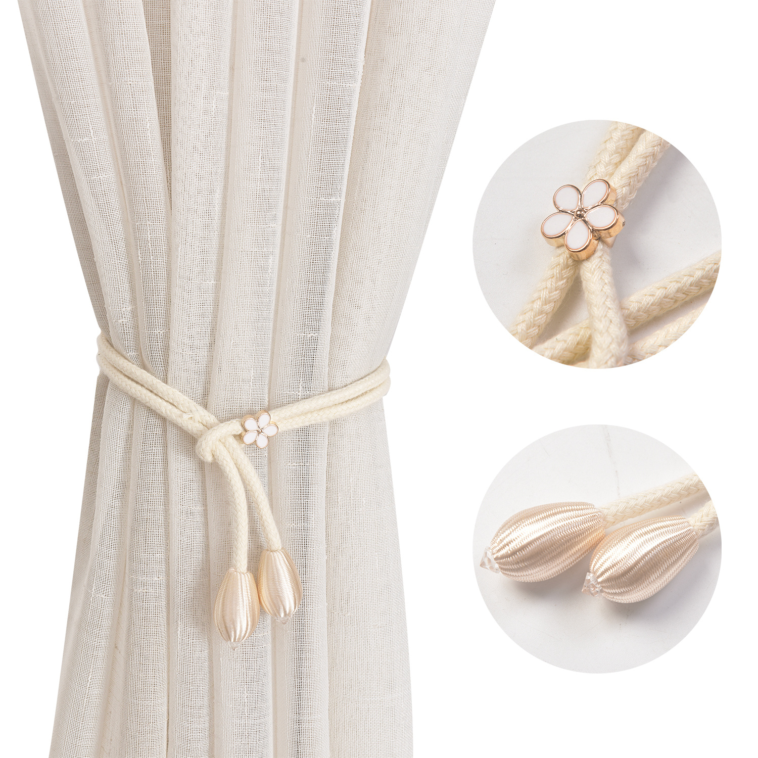 TEMU 4pcs Elegant Curtain Tiebacks With Tassel And Flower Bead- No Drilling Weave Rope Holders For Decorative Draperies, Windows, And Curtains, Stylish Pearl Design For D&eacute;cor, Holdbacks, And Straps
