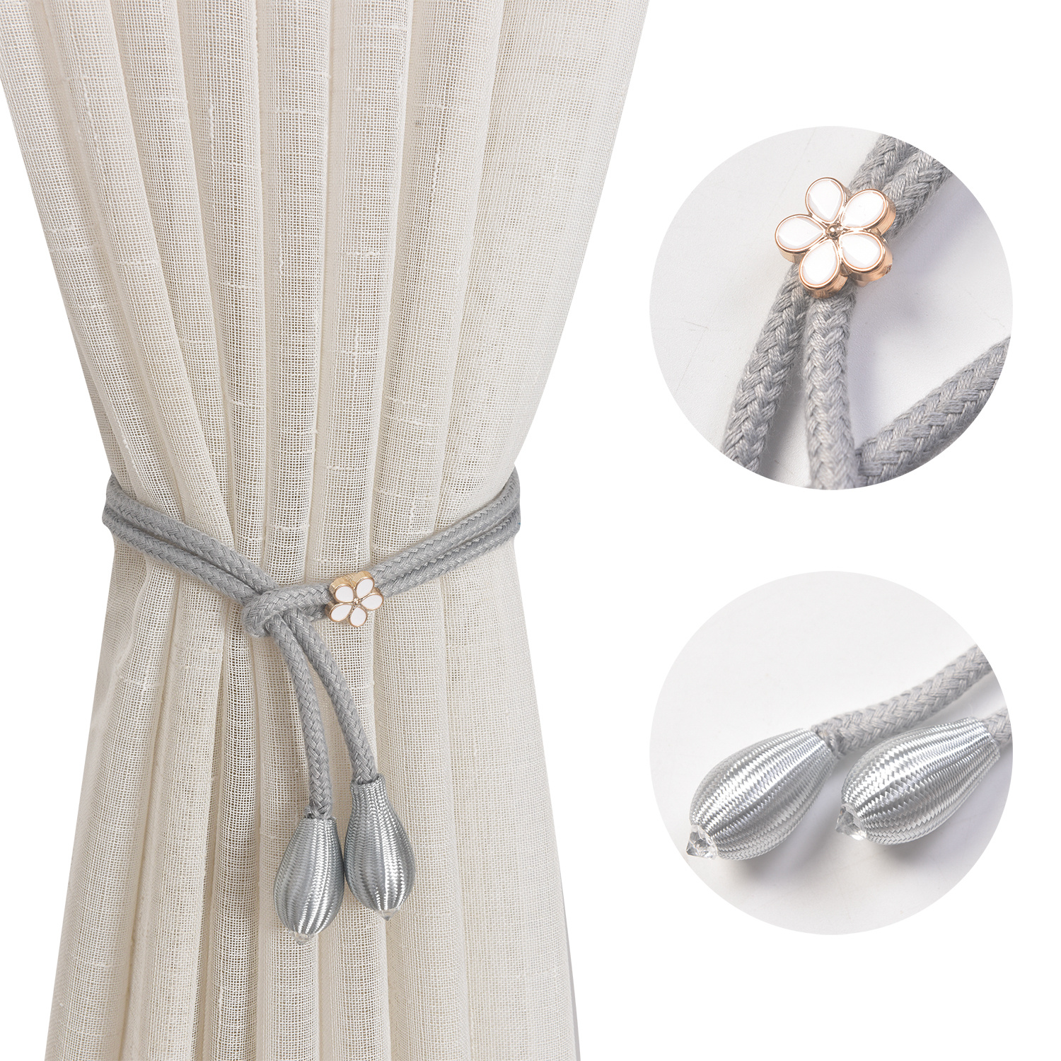 TEMU 4pcs Elegant Curtain Tiebacks With Tassel And Flower Bead- No Drilling Weave Rope Holders For Decorative Draperies, Windows, And Curtains,
