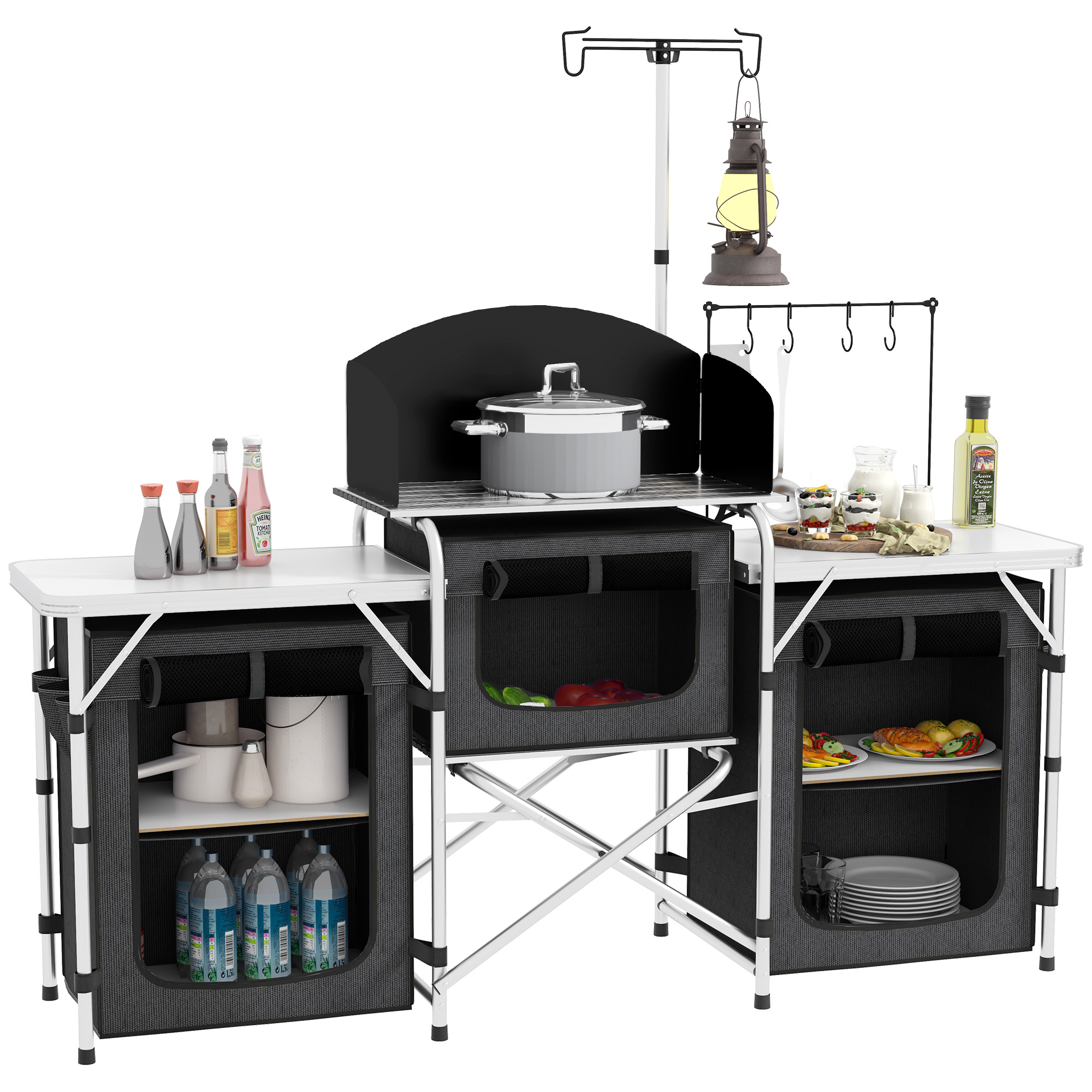 TEMU Camping Kitchen Table, Portable Folding Camp Kitchen, Aluminum With 3 Fabric Cupboards, Windshield, Carrying Bag For Bbq, Rv, Picnic