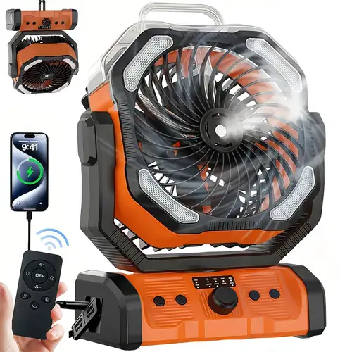20000mah dual motor battery powered 8 speed desk fan with new function 4 led lanterns remote control and hook for portable outdoor use in camping tent outdoor fishing power outage construction site