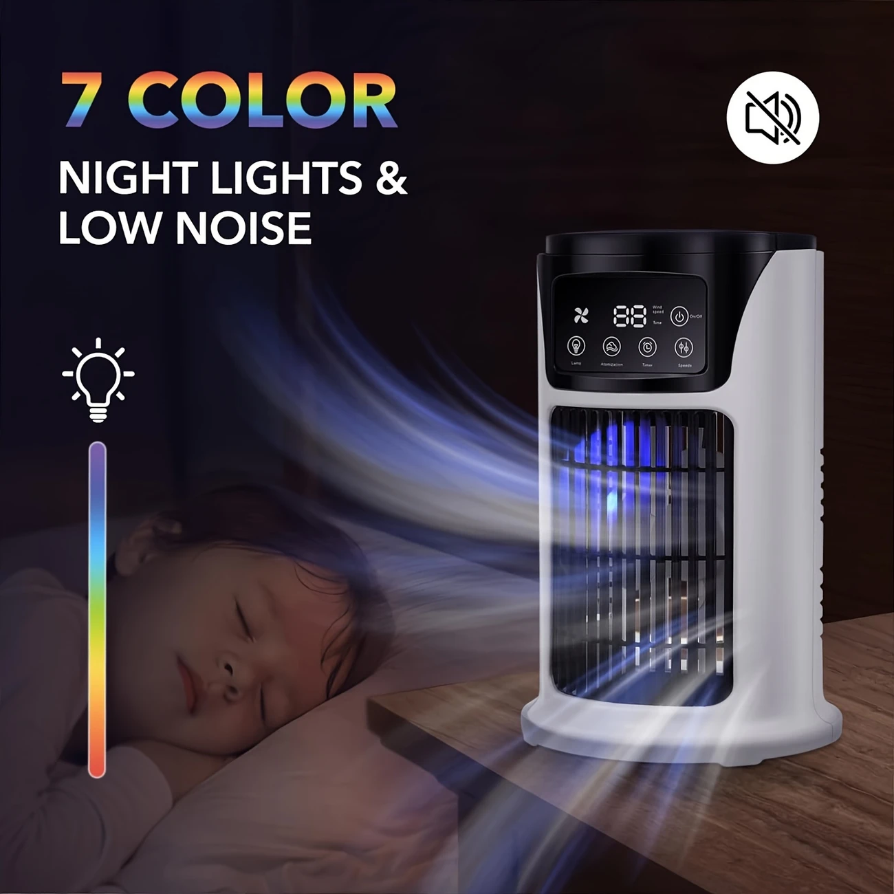 3-in-1 portable air conditioner, humidifier & fan with atmosphere light - usb-powered for indoor/outdoor use, for office & home, sleek , portable humidifier stylish gadget durable plastic, air conditioner portable details 4