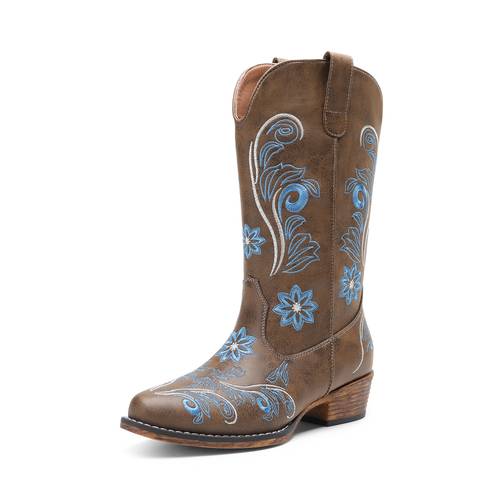 womens western calf boots square toe embroidered stitched pull on with low chunky heel