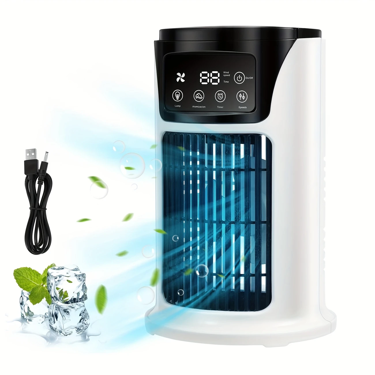 3-in-1 portable air conditioner, humidifier & fan with atmosphere light - usb-powered for indoor/outdoor use, for office & home, sleek , portable humidifier stylish gadget durable plastic, air conditioner portable details 2