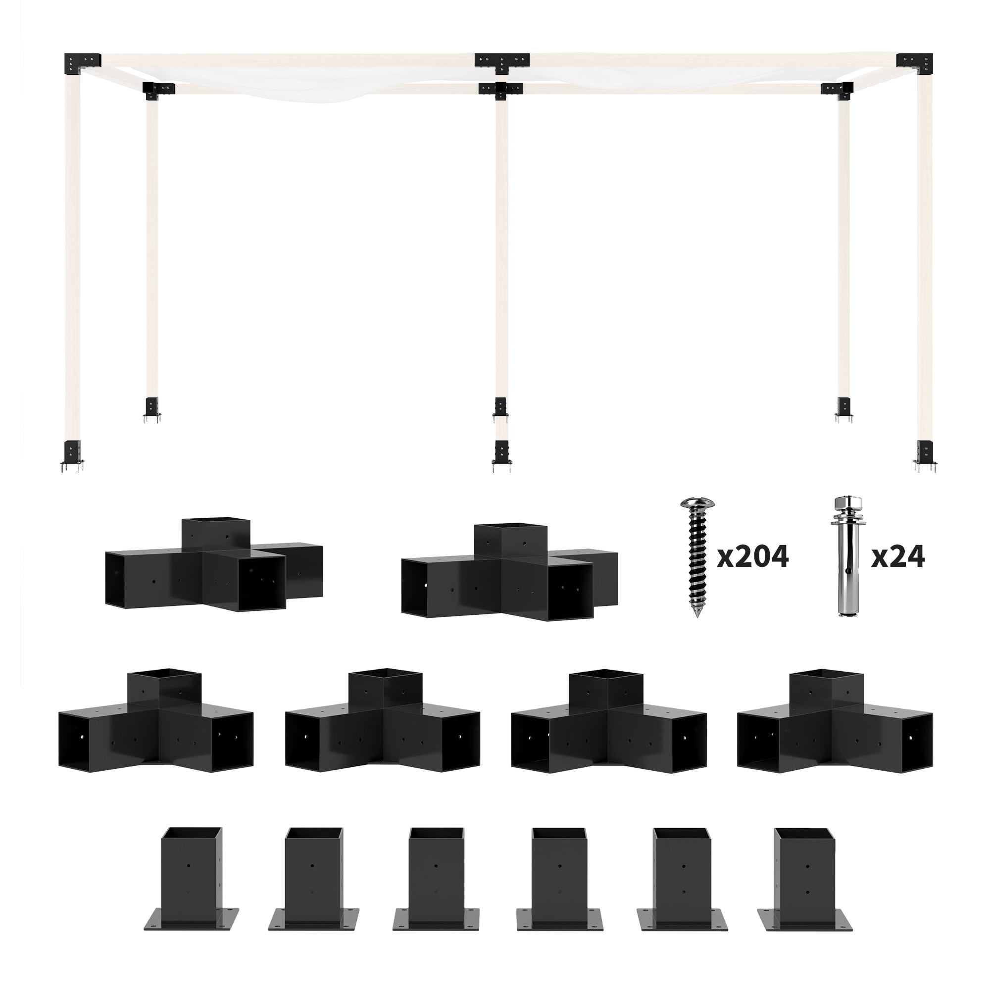 4-Pack Pergola Brackets - 3-Way 90° Corner Kit (Fits 4x4 Lumber, Black Powder Coated)