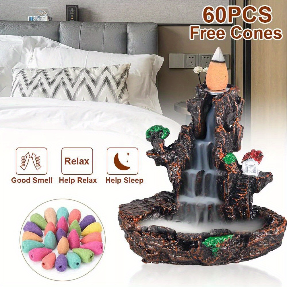 TEMU Hot Sale Resin Incense Waterfall Burner Return Stand 60 Cone For Room Stone Brown