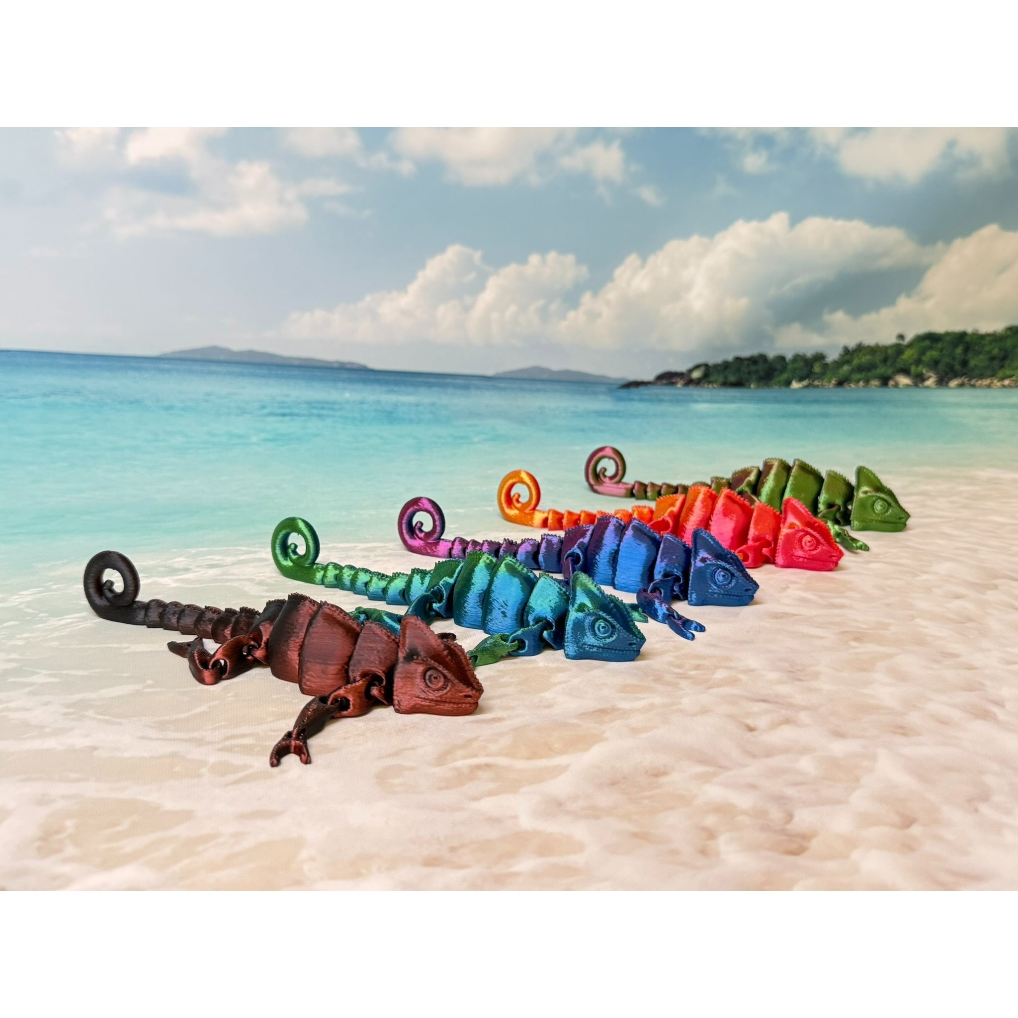 TEMU 5pcs Vibrant 3d Printed Chameleon Figurine - /red/blue/yellow, Realistic Detail, Ideal For Tabletop Decor, Unique Gift Idea