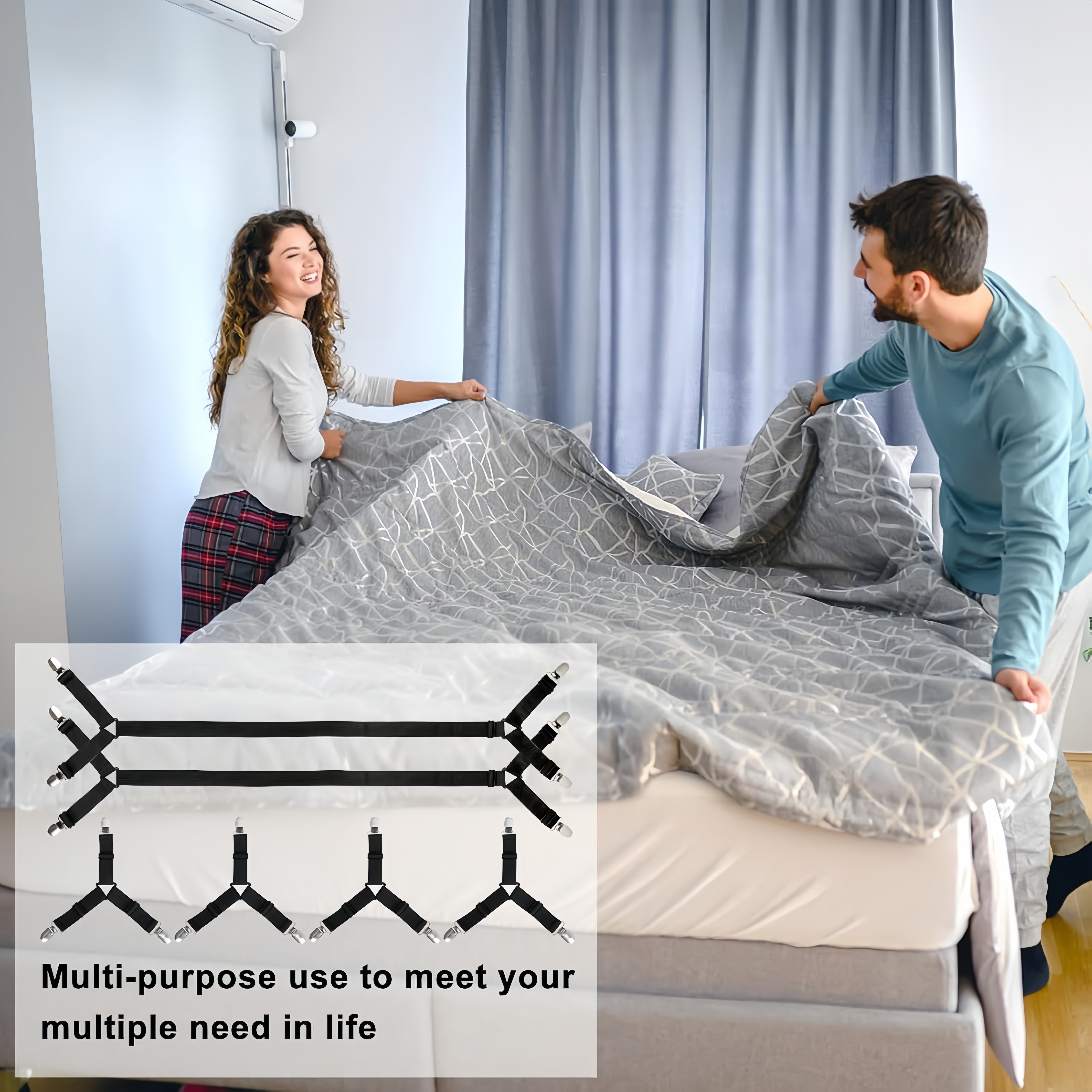 6个装床单固定带，适用于全尺寸床的安全床单固定带，可调节床单夹，完美固定床单角落，提升您的睡眠体验（黑色） 商品详情 8