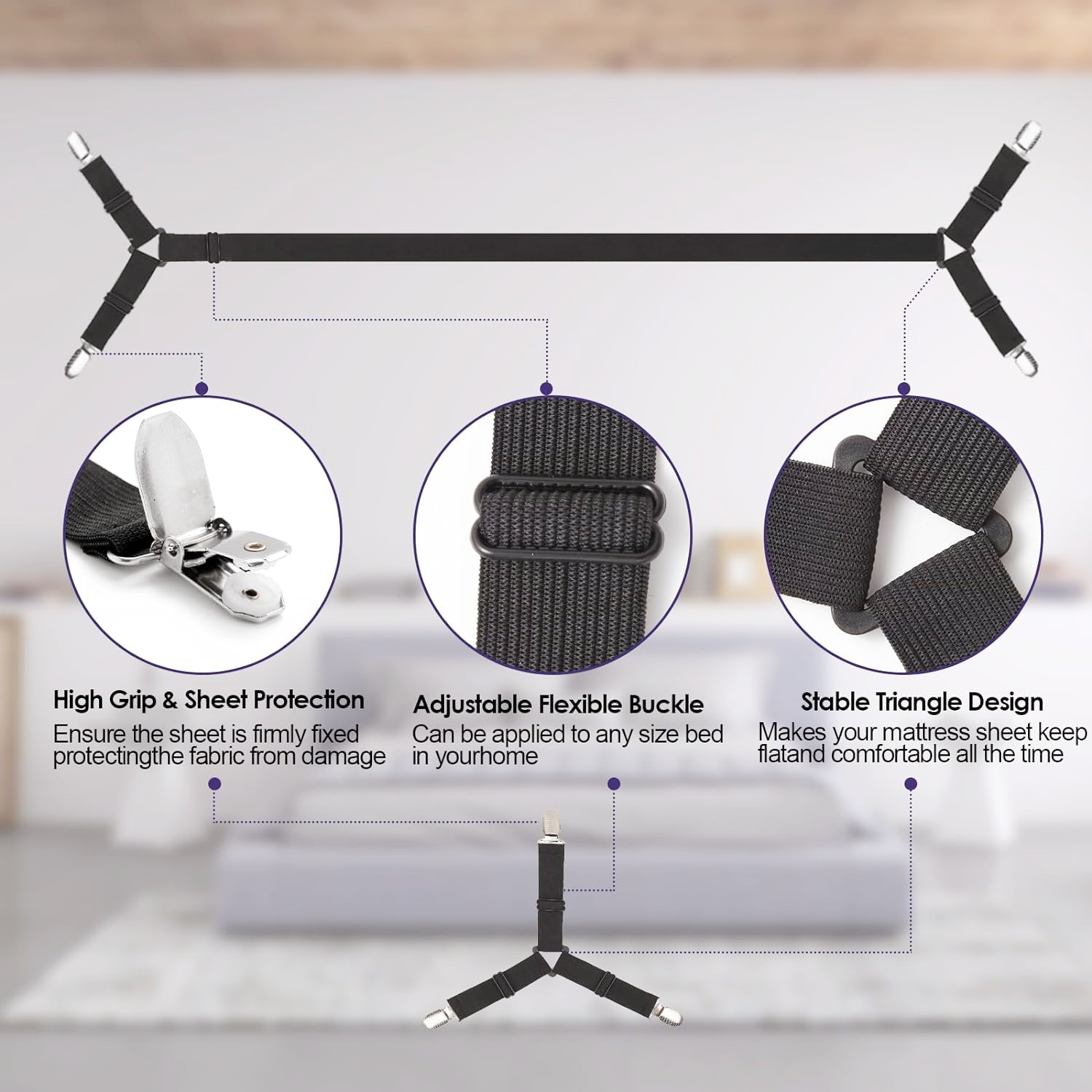6个装床单固定带，适用于全尺寸床的安全床单固定带，可调节床单夹，完美固定床单角落，提升您的睡眠体验（黑色） 商品详情 2