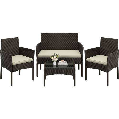 patio furniture set 4 pieces conversation sets rattan chair wicker set loveseat with soft cushion and glass table for backyard porch garden poolside balcony