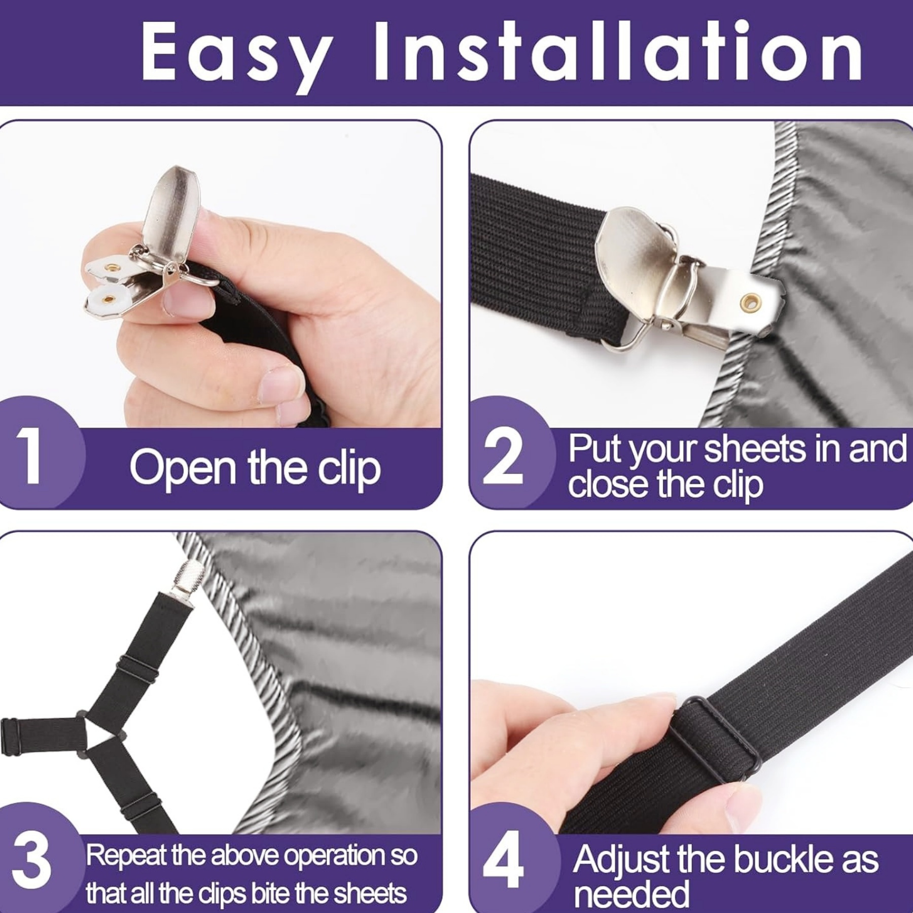 6个装床单固定带，适用于全尺寸床的安全床单固定带，可调节床单夹，完美固定床单角落，提升您的睡眠体验（黑色） 商品详情 3