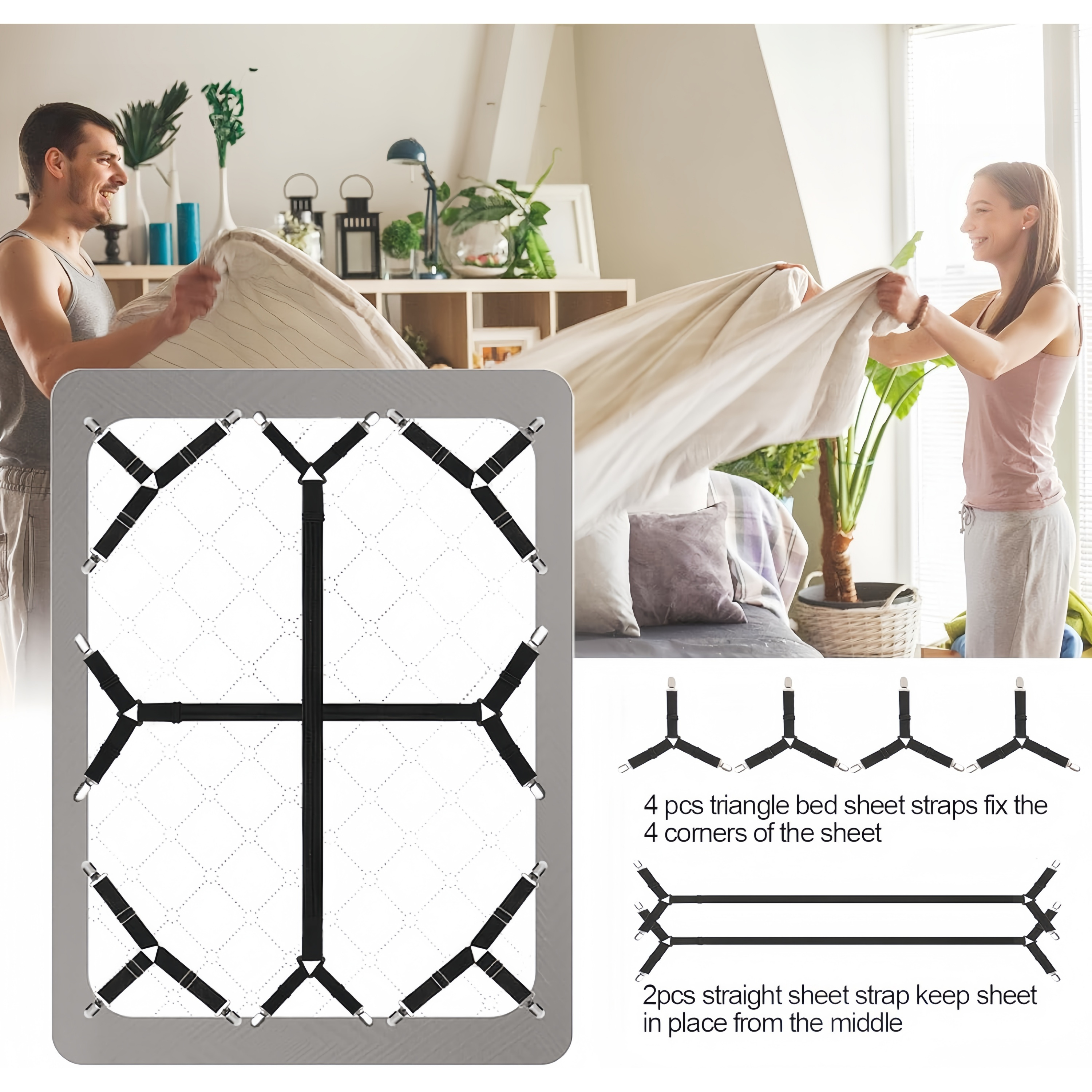 6个装床单固定带，适用于全尺寸床的安全床单固定带，可调节床单夹，完美固定床单角落，提升您的睡眠体验（黑色） 商品详情 5
