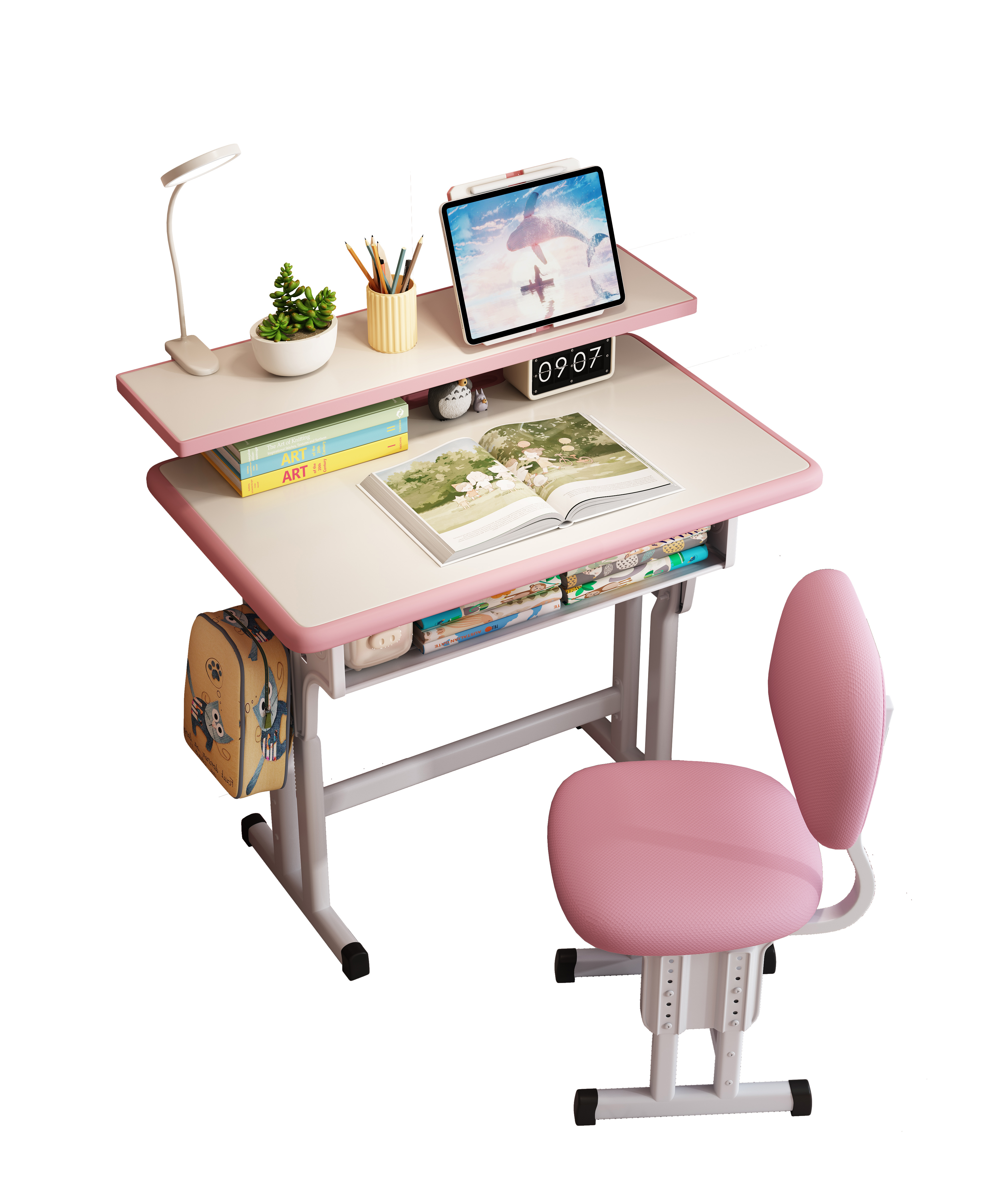 Kids Desk and Chair Set, Height Adjustable Children Bedroom Study Desk, Can Directly for Drawing Desktop, Book Stand, Large Storage Drawer for Boys & Girls (Gray)