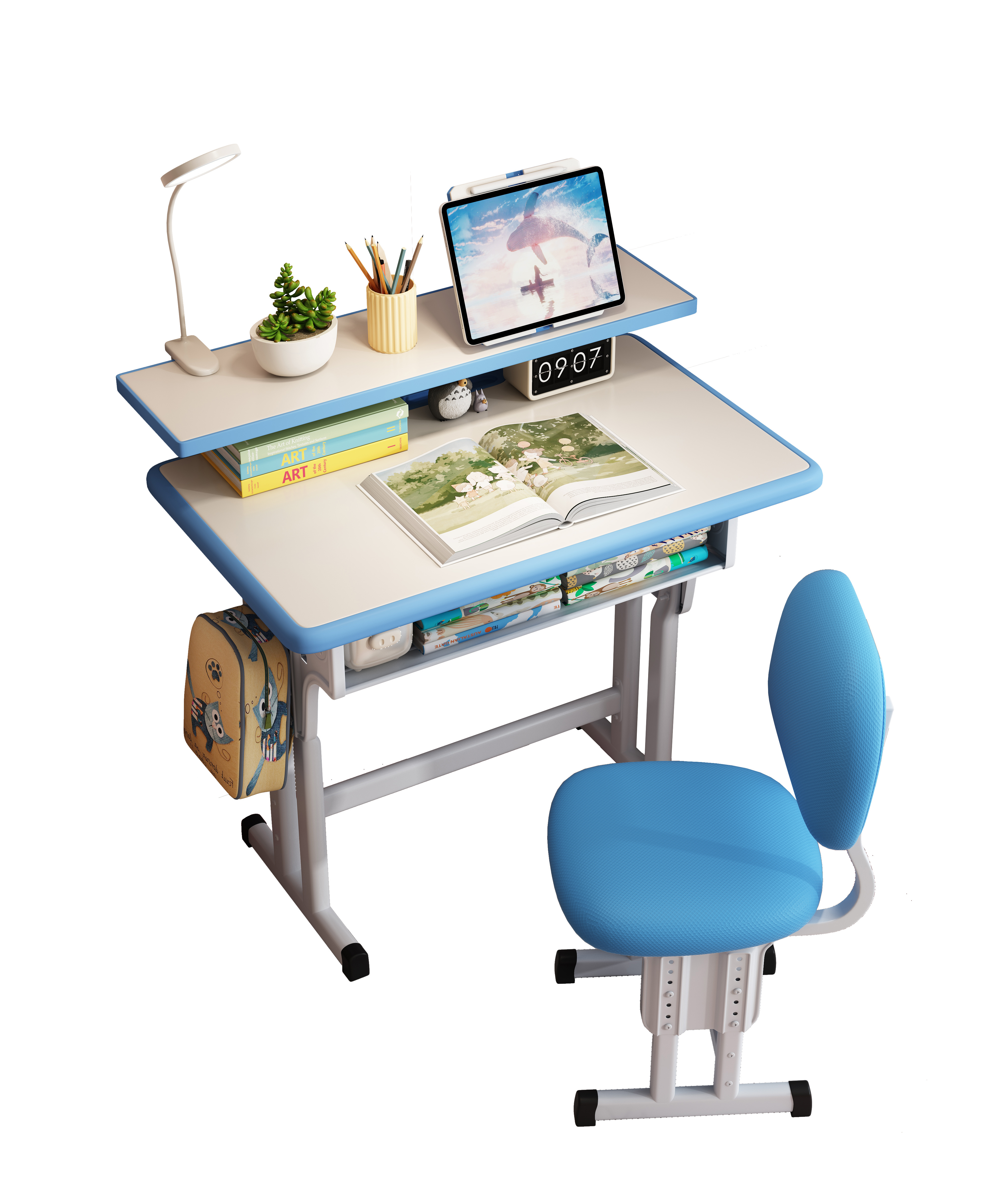 Kids Desk and Chair Set, Height Adjustable Children Bedroom Study Desk, Can Directly for Drawing Desktop, Book Stand, Large Storage Drawer for Boys & Girls (Gray)