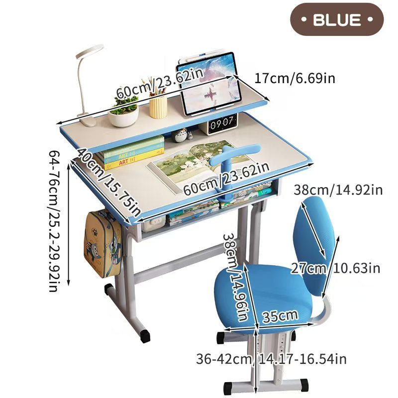 Kids Desk and Chair Set, Height Adjustable Children Bedroom Study Desk, Can Directly for Drawing Desktop, Book Stand, Large Storage Drawer for Boys & Girls (Gray)