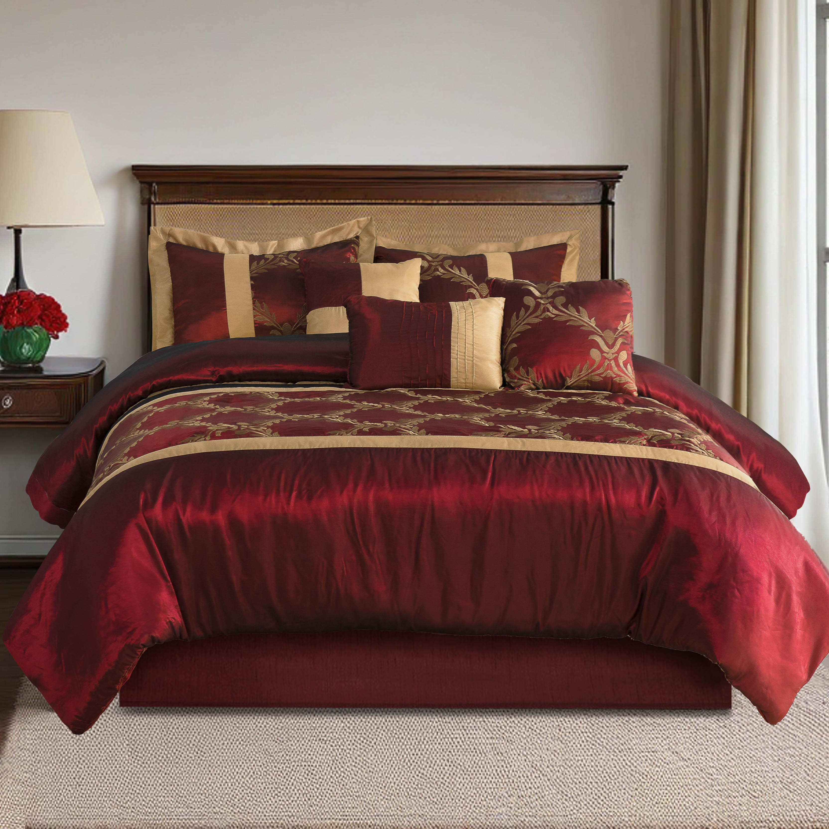 TEMU 7 Piece Classic Embroidery Comforter Set King/queen- Black And Silver Silk Fabric Embroideried-1 Comforter, 2 Shams, 3 Decorative Pillows, 1