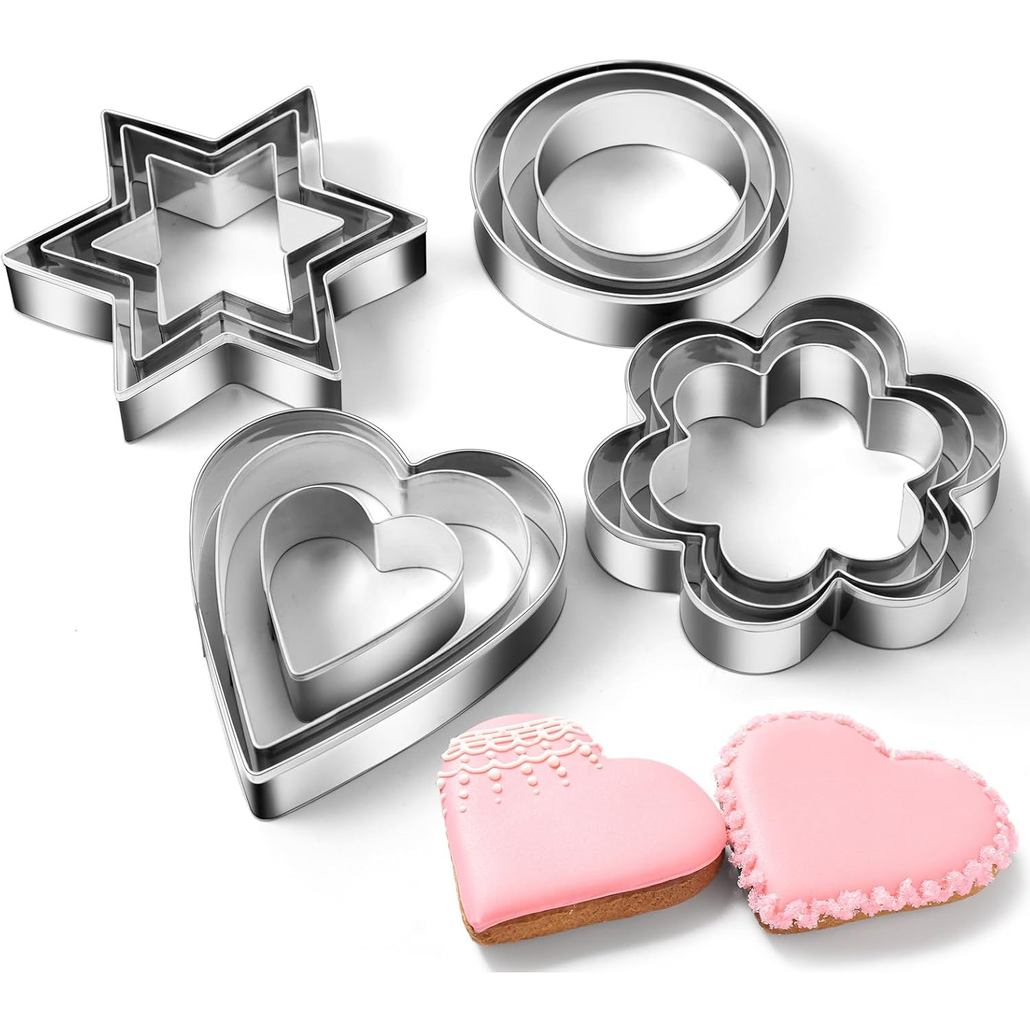 TEMU Cookie Cutters Set Of 12 Heart, Star, Circle, Flower, 4 Shapes Stainless Steel Biscuit Cutters - Cookie Cutters Pack - Valentines Biscuit