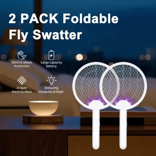 2 pack round foldable fly swatter hanging design 180 degree rotating pest control device easy to eliminate pests lightweight and portable stylish and type c charging camping trips dorm rooms garages rvs or anyone of bug sprays